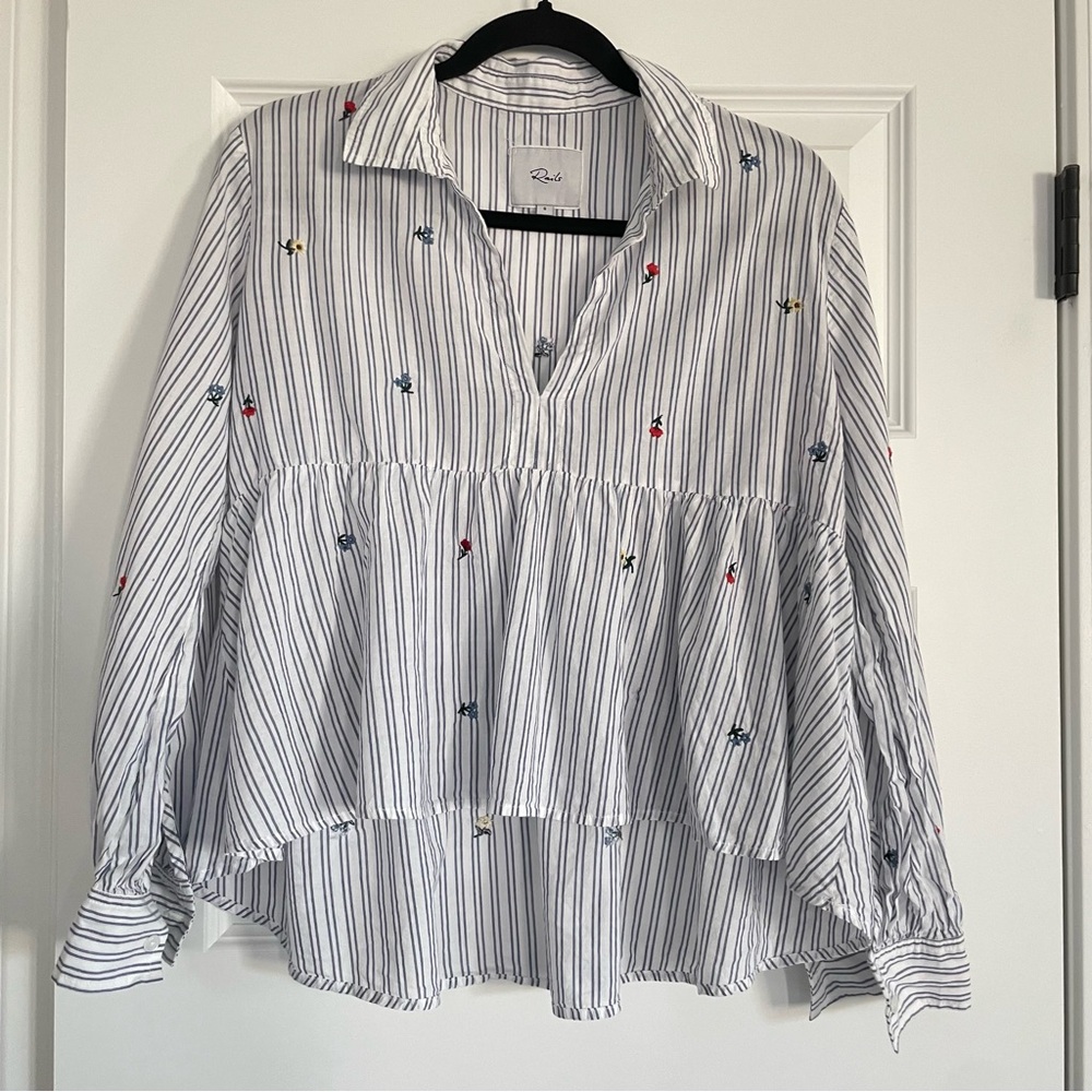 Rails White and Blue Striped Blouse with Petite Floral Embroidery Small